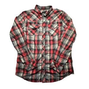 PrAna Breathe Plaid Pearl Snap Long Sleeve Shirt Mens Large Red Western Pocket